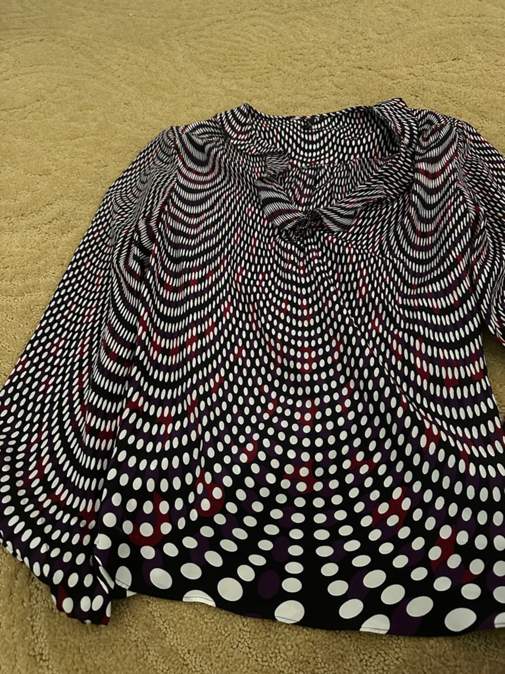T Tahari Black Polka Dot Blouse with White and Purple Accents